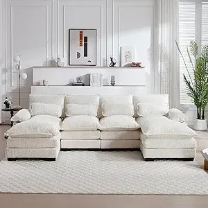 "110 inch chenille fabric u-shaped sectional sofa with double chaise and sleeper for comfortable living room seating"