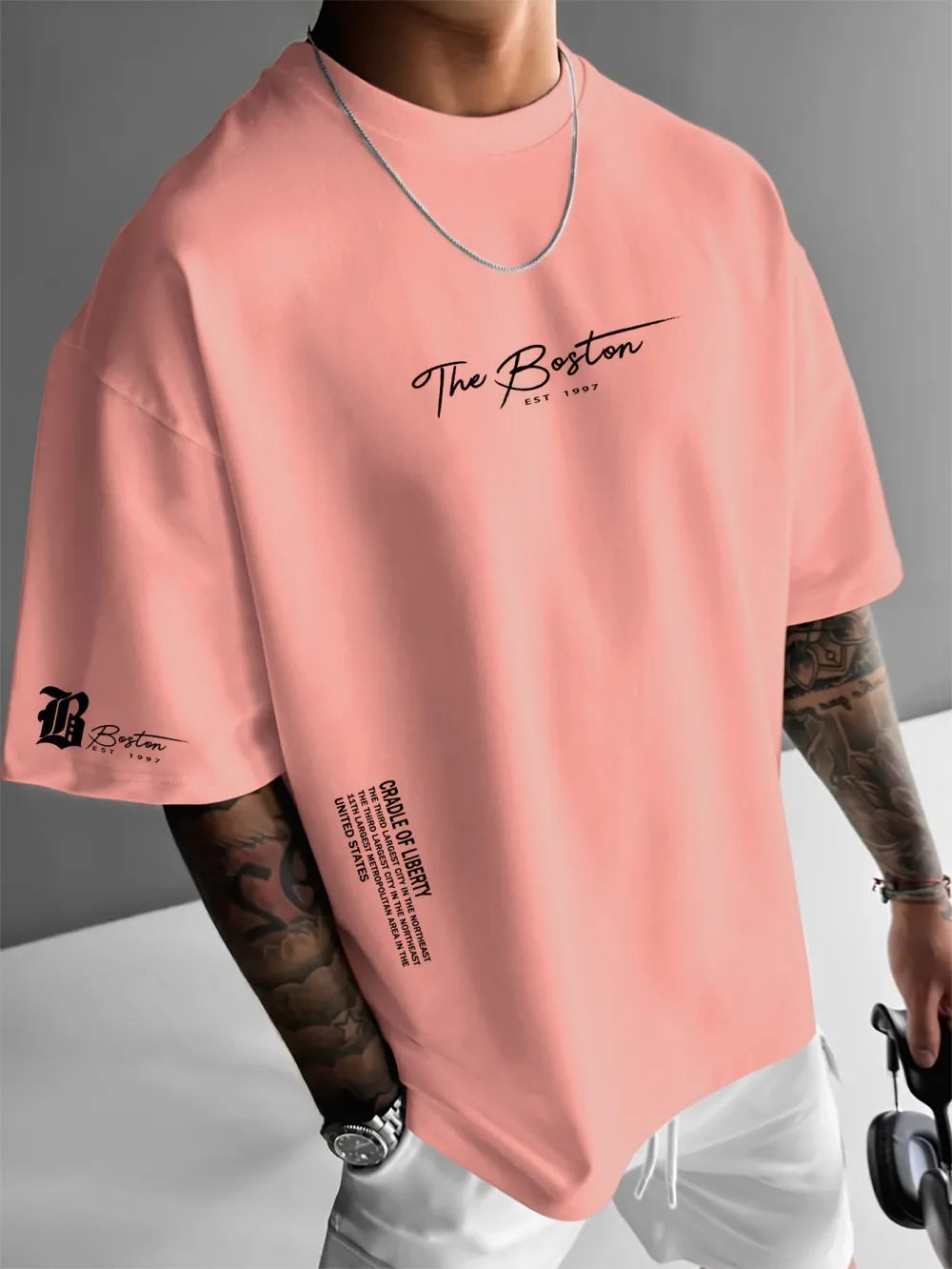 New men's polyester fabric casual comfortable breathable round neck T-shirt with letter pattern suitable for outdoor sports