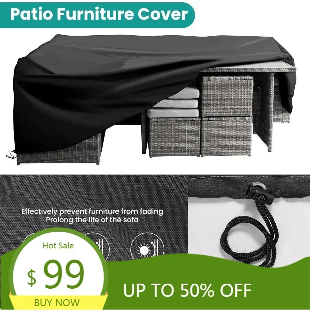 seven-piece outdoor patio furniture set with dining table and chairs, all-weather wicker conversation set including ottoman