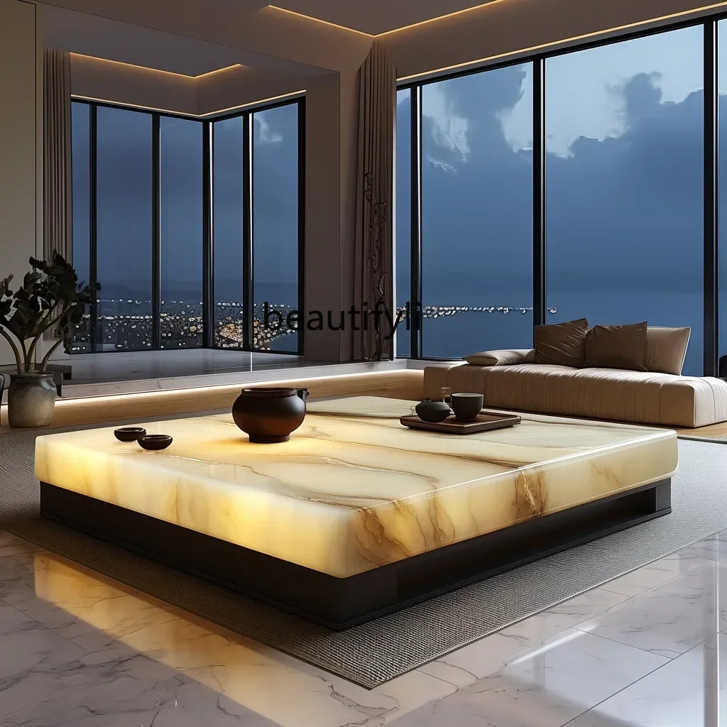 Large flat-layer luminous coffee table jade luxury stone square marble natural light luxury new Chinese Zen leisure area