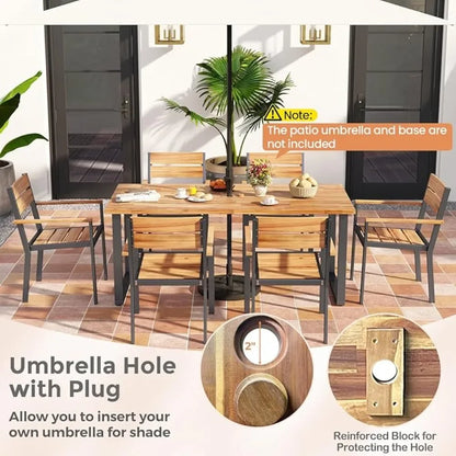 6 Pieces Outdoor Acacia Wood Dining Set, Patio Table and Chairs Set with Bench for 6-7 People, Outdoor Dining Furniture