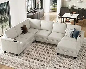 Sofa Convertible L Shaped Corner Couches for Living Room with Storage Armrest with Cup Holder Dark G
