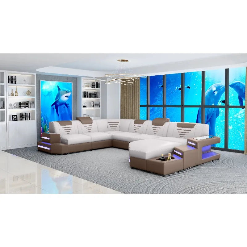 Leather Sofa Set U Combination Leather Corner Sofa Bed with Light Emitting Diode