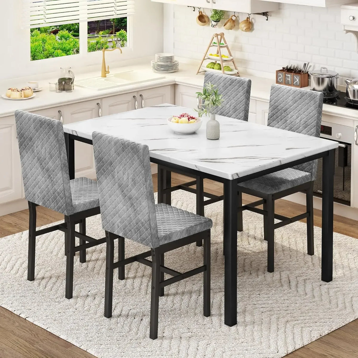 Dining Table Set for 4 Kitchen Table and Chairs Set of 4 Faux Marble Kitchen and Dining with Velvet Upholstered Dinner