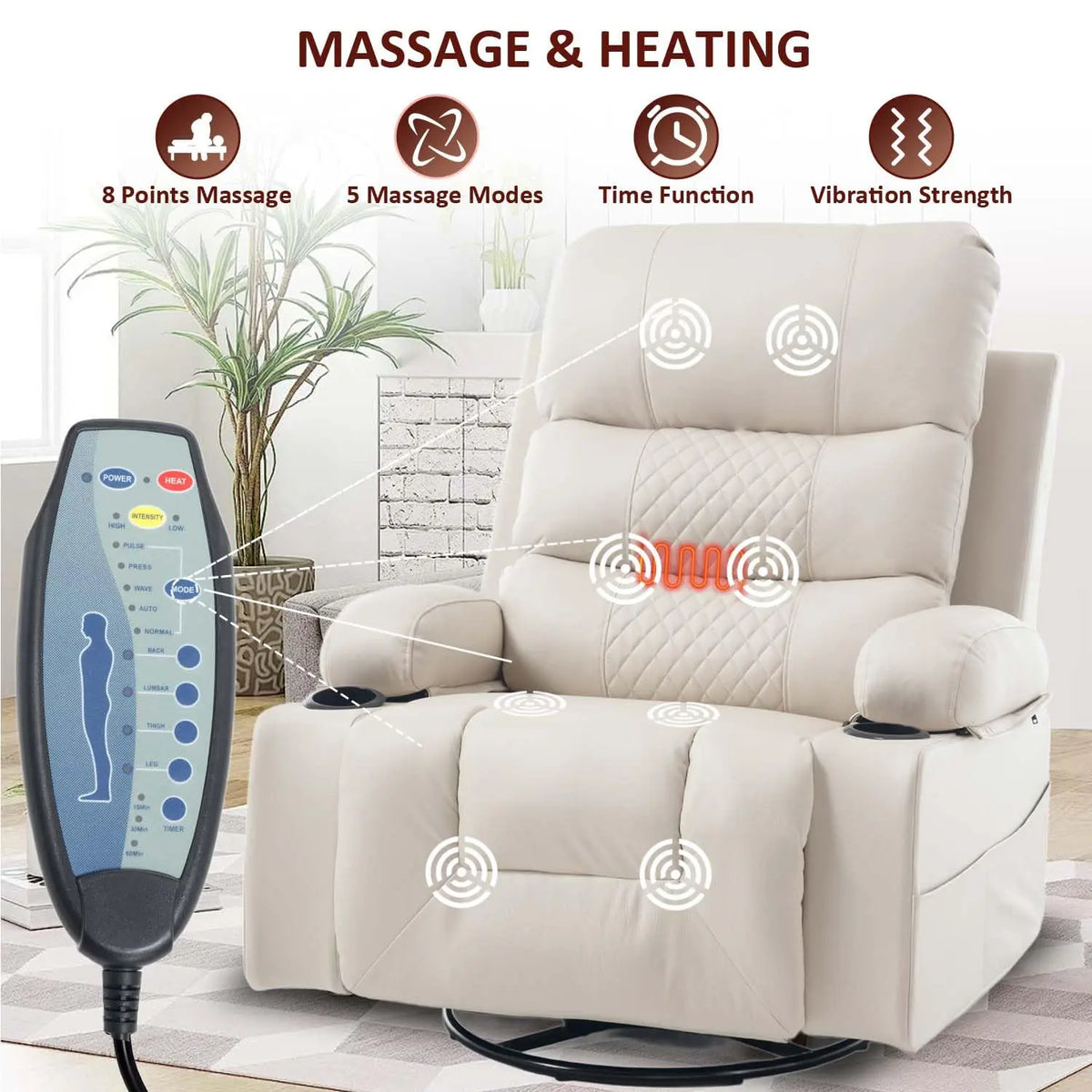 Rocker Recliner Chair with Heat and Massage, Oversized Manual Recliner Chair with Cup Holder, Faux Leather Swivel, Customized