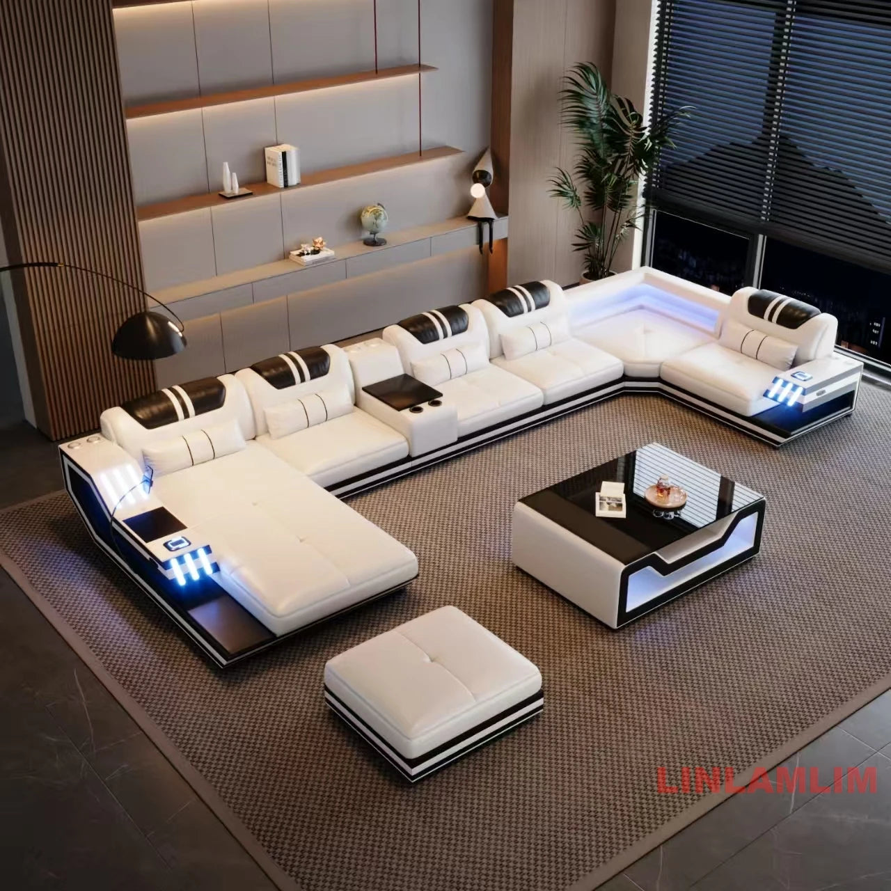 Convertible Genuine Leather Sectional Sofa Bed with Adjustable Headrests, Electric Recliners, Storage, Speakers, USB & LED Light