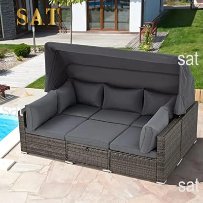 Y 6 Pieces Patio Furniture Sets, Rattan Daybed with Retractable Canopy, Outdoor Sectional Sofa Set with Adjustable Backrest
