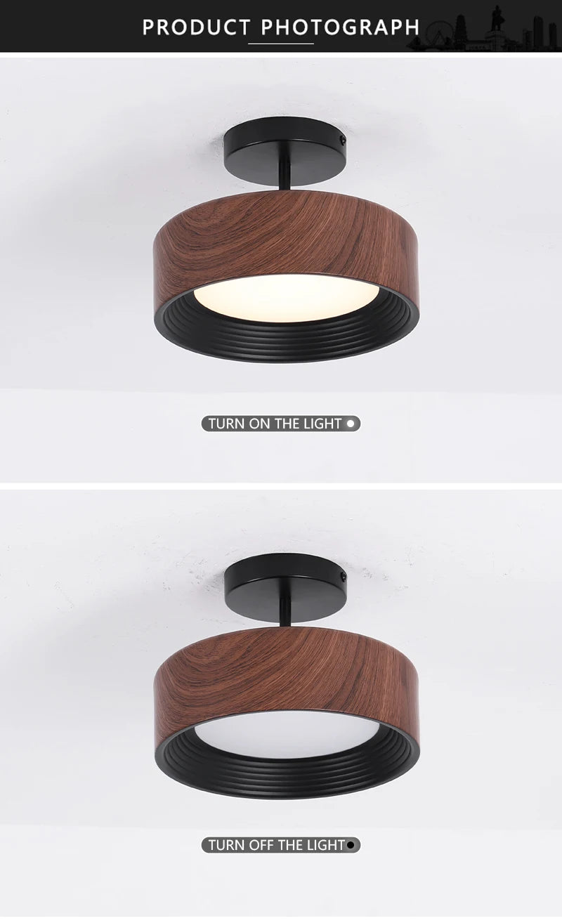 Nordic LED Ceiling Light Circular Walnut Wood Grain Aisle Light Dressing Room Corridor Balcony Decoration Indoor Ceiling Lamp