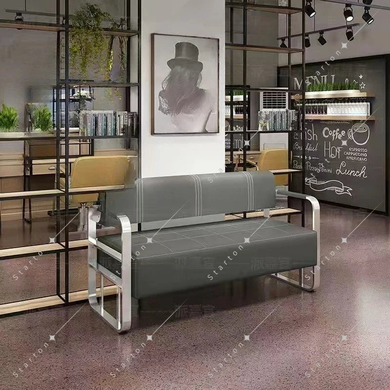 Beauty Salon Barbershop Waiting Area Furniture Gold Metal Frame Leather Double Seats Room Chair