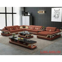 Minimalist Leather Sectional Sofa Set with Storage, Glass Coffee Table & TV Stand for Living Room