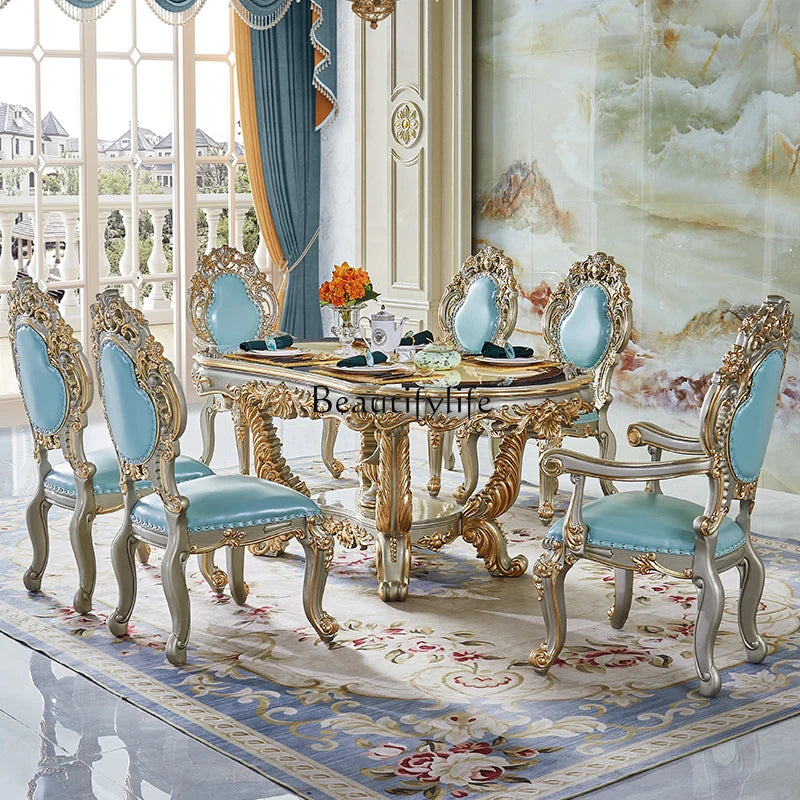 European all solid wood dining table rectangular villa dining table and chair combination champagne color