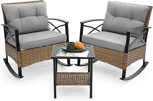 Grey 3-Piece Outdoor Wicker Rocking Chair Set with Cushions and Table for Patio Bistro