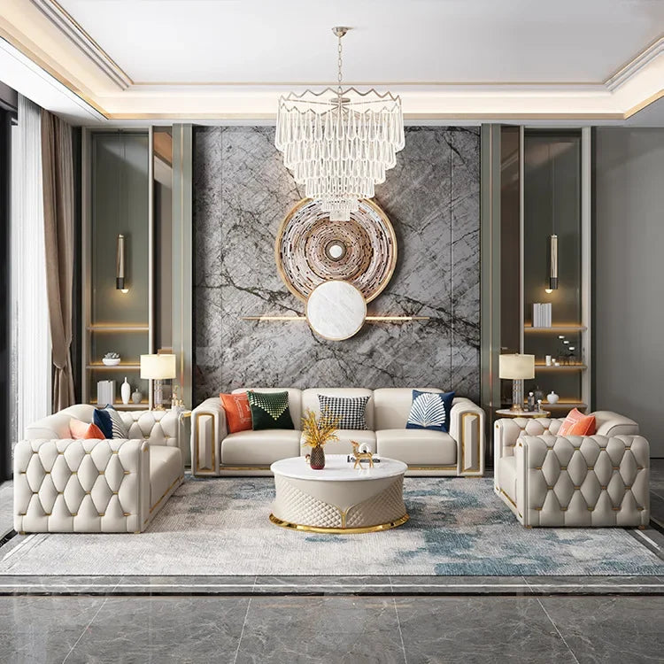 -Modern Luxury High-end Living Room Sofa Set Furniture Upholstered Full Leather Button Tufted Sofa Home