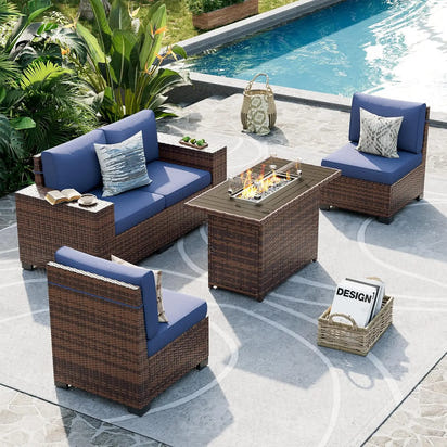 8 Inch Armrest Outdoor Sectional Sofa, 6 Piece Wicker Outdoor Furniture Conversation Sets with Waterproof Cover