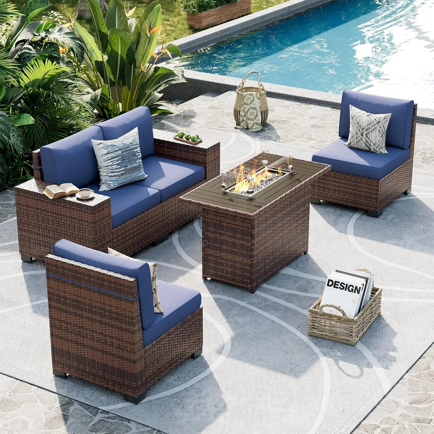 8 Inch Armrest Outdoor Sectional Sofa, 6 Piece Wicker Outdoor Furniture Conversation Sets with Waterproof Cover