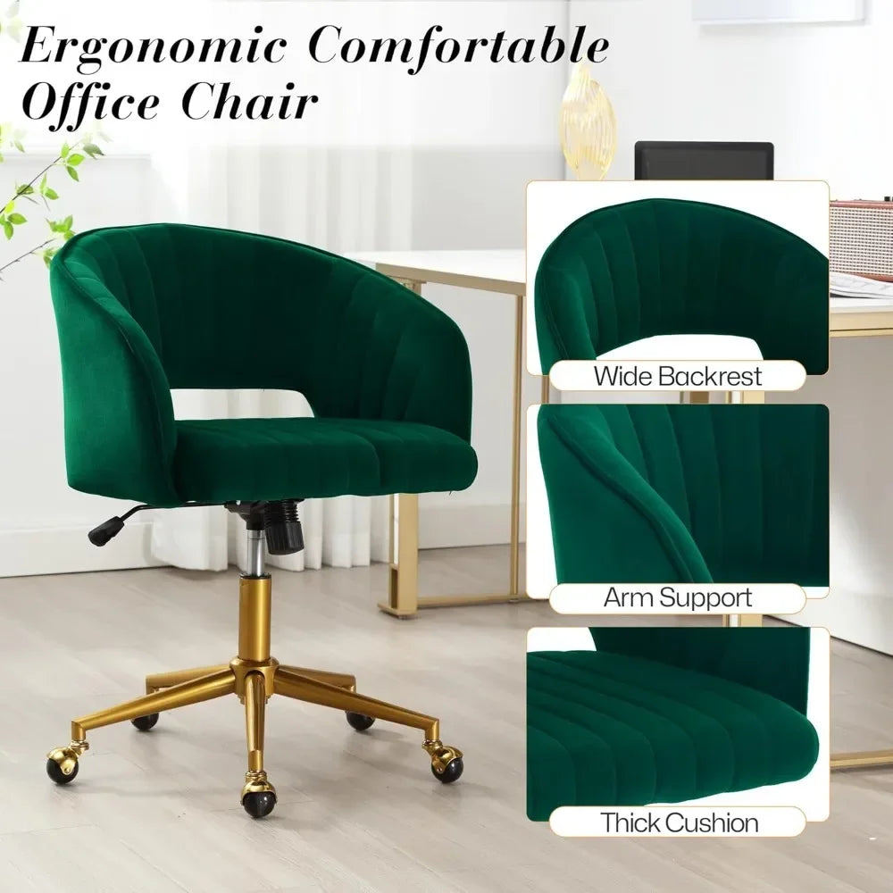 "contemporary swivel ergonomic chair with velvet upholstery and adjustable height on gold base"