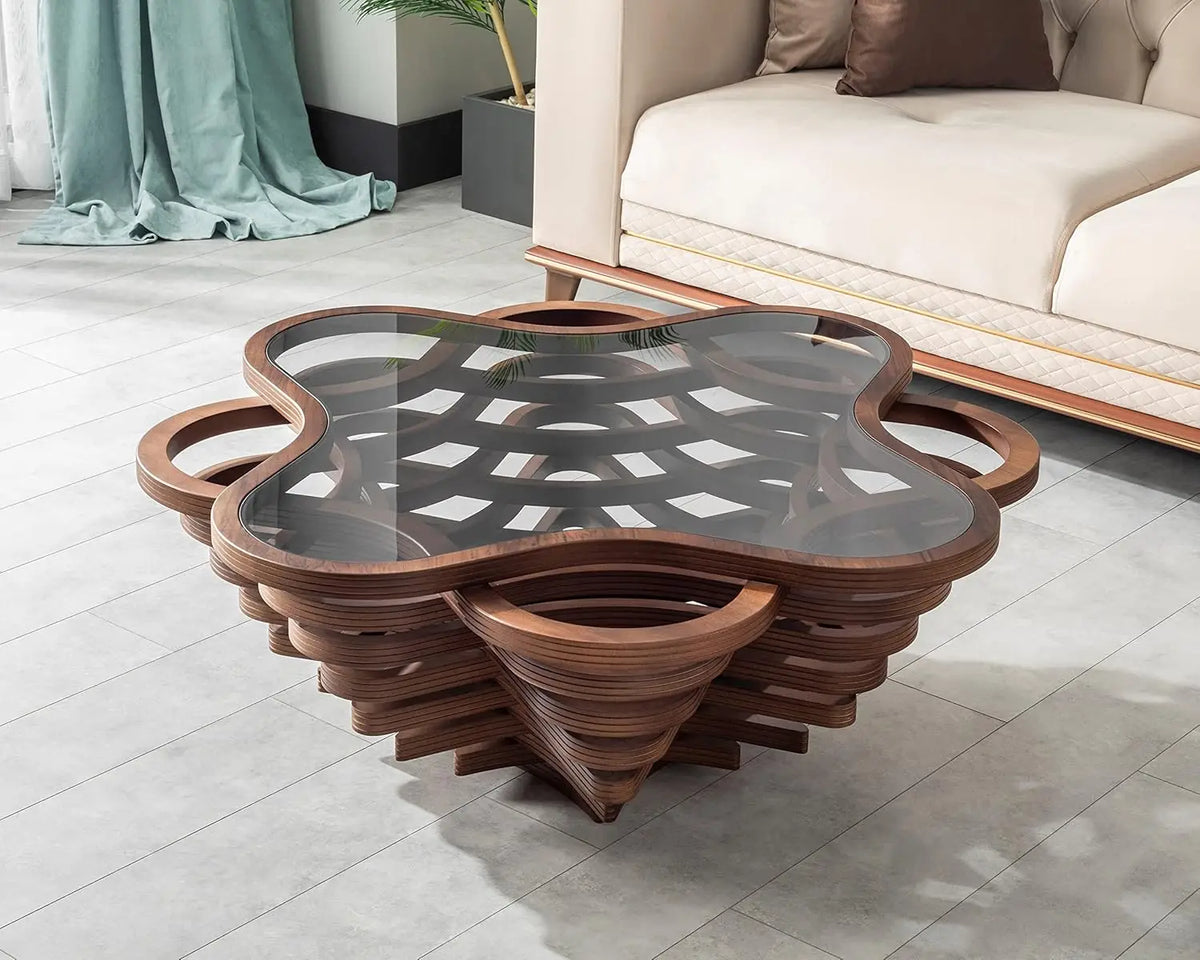 Table basse en bois en spirale avec plateau en verre, artisanale, moderne, pour salon, bureau, café, décoration, personnalisable