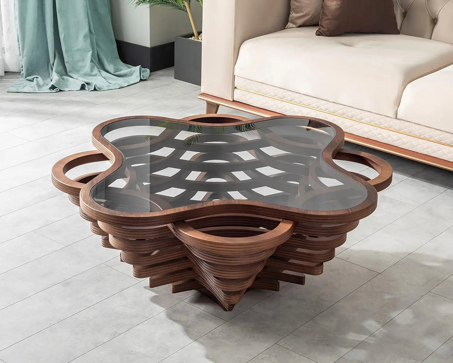 Table basse en bois en spirale avec plateau en verre, artisanale, moderne, pour salon, bureau, café, décoration, personnalisable
