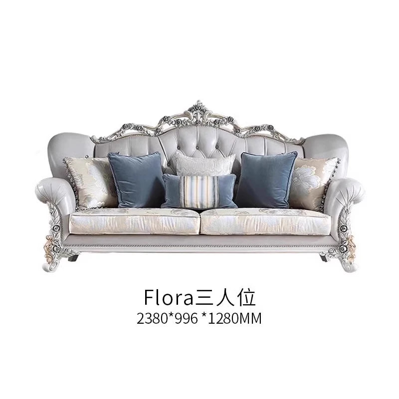 French light luxury living room large apartment first layer cowhide European solid wood carving flower three sofa combination
