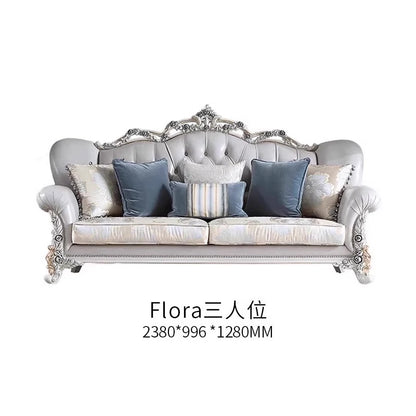 French light luxury living room large apartment first layer cowhide European solid wood carving flower three sofa combination