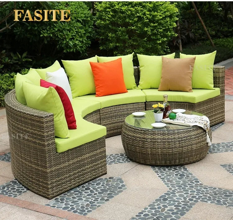 Outdoor round rattan sofa combination garden courtyard semi-circular rattan chair outdoor hotel curved living room