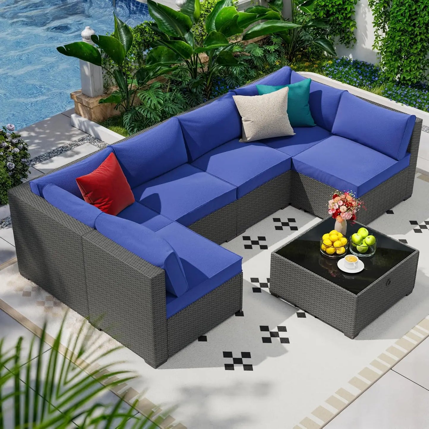 Seven Piece Patio Set, Rattan Wicker Sectional Sofa, Modern Modular Conversation Furniture