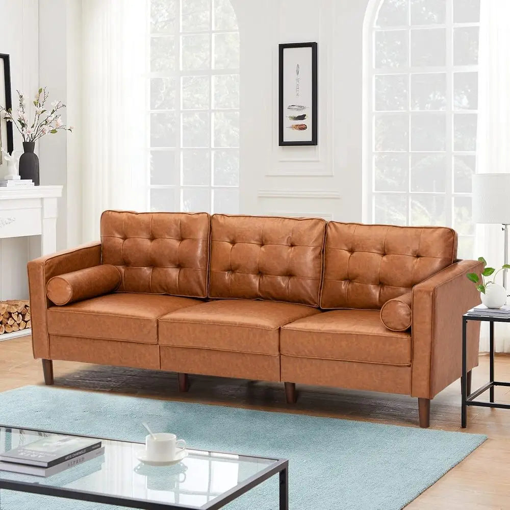 Brown Premium 3-Seater Faux Leather Sofa with Tufted Back & 2 Pillows for Living Spaces