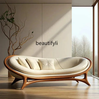 a3813  New Chinese-style solid wood sofa living room modern simple small apartment leather recliner sofa lazy chair