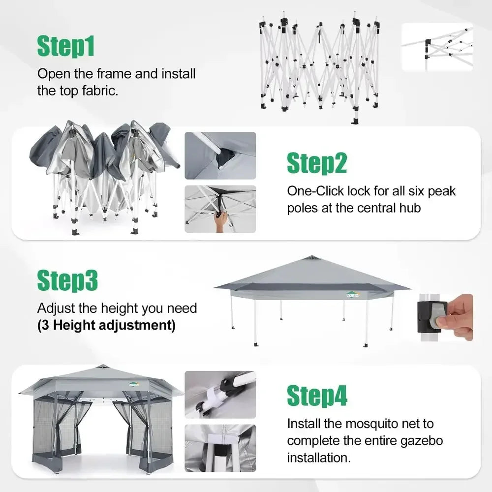 Pop Up Gazebo16x16 Tent with Mosquito Netting, White Gazebos on Clearance, Hexagonal Outdoor Canopy Shelter, Center Lock 6Sided