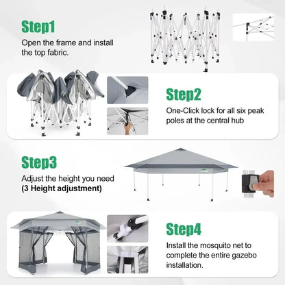 Pop Up Gazebo16x16 Tent with Mosquito Netting, White Gazebos on Clearance, Hexagonal Outdoor Canopy Shelter, Center Lock 6Sided