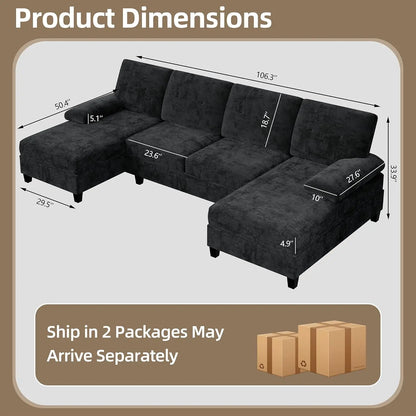 U-Shaped Sectional Sofa, Modular Convertible Couch with Double Chaise, 4-Seater for Living Room, Black