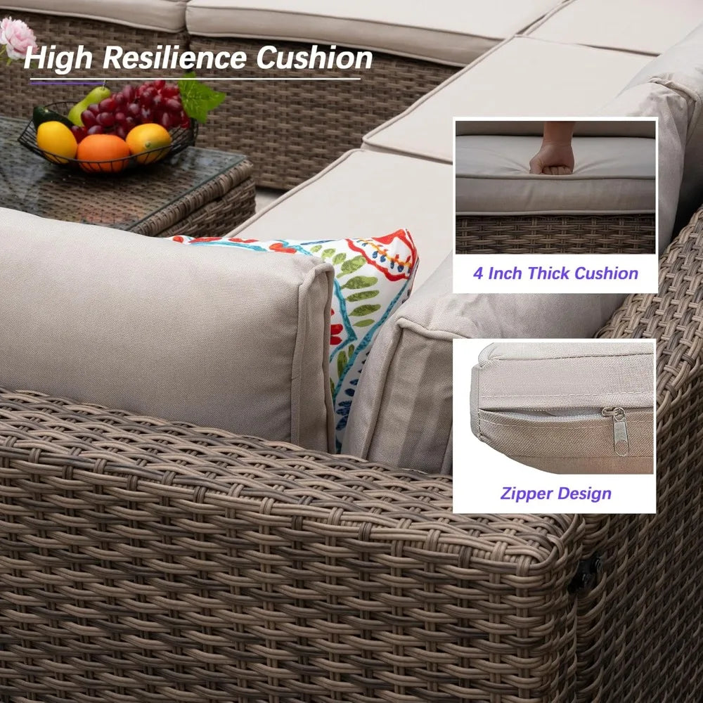 7 Piece Patio Furniture Set, Outdoor Patio Conversation Set, All-Weather Rattan Wicker Sectional Sofa Couch w Water Resistant Th