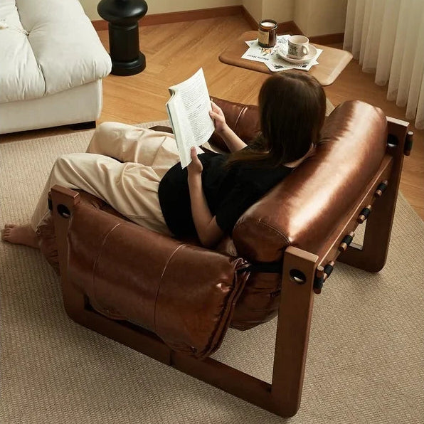 Leisure Single Solid Wood Sofa Chair Living Room Designer Model Leisure Leather Recliner Simple