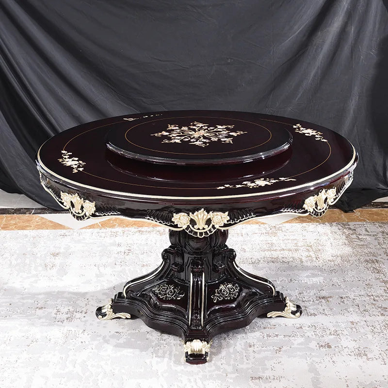 European round dining table and chair combination neoclassical American solid wood high-end leather dining chair piano paint