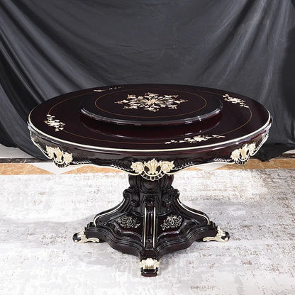 European round dining table and chair combination neoclassical American solid wood high-end leather dining chair piano paint