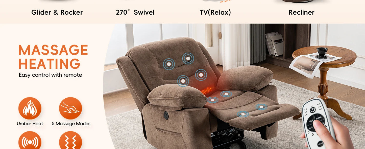 Ketaiyou Power Swivel Rocker Recliner with Massage and Heat,USB Port,Infinite Position, Oversized Electric Glider Rocking Chairs