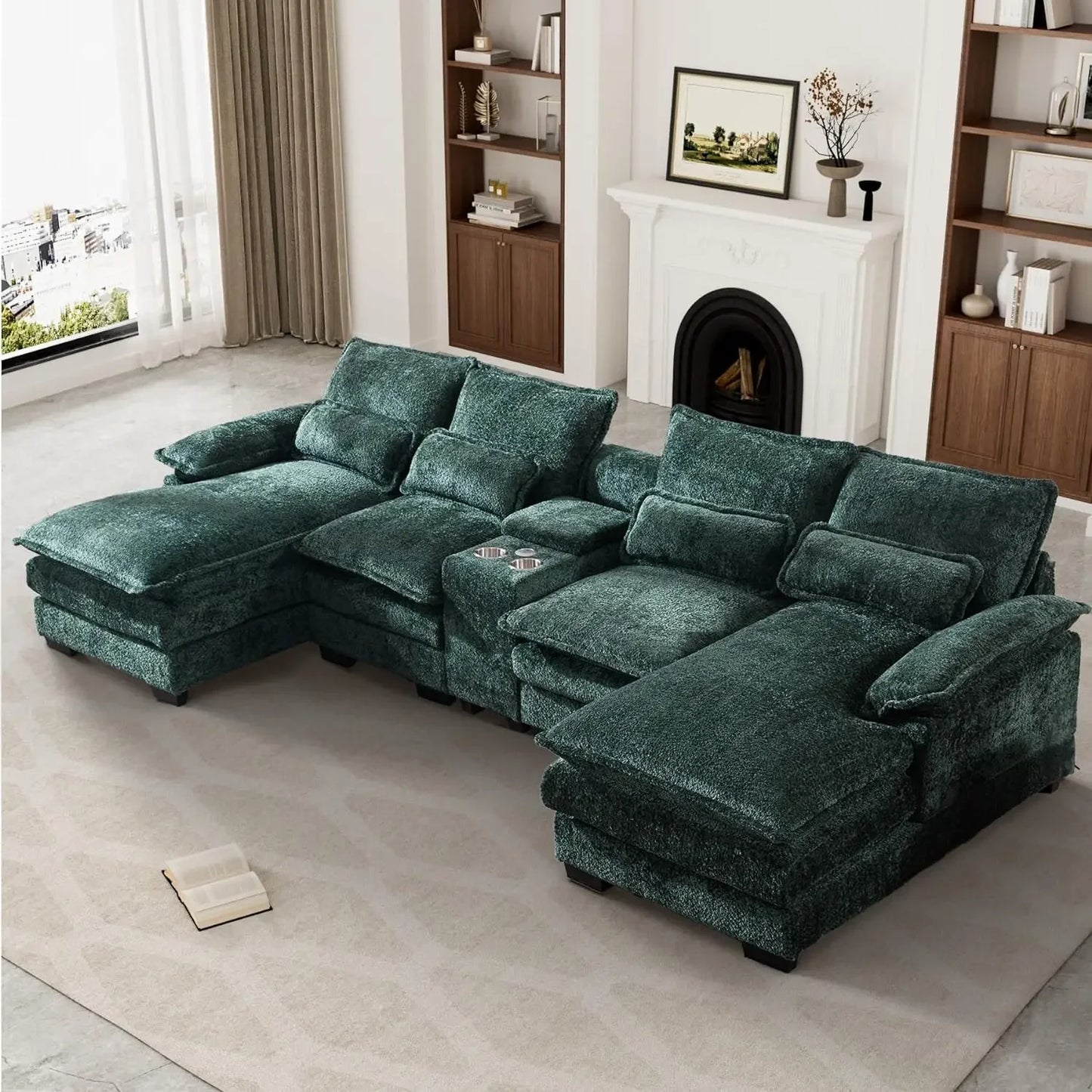 Premium Sofa Cloud Couch for Living Room, 123" Modern Fluffy Chenille U Shaped Couch, with Storage Console