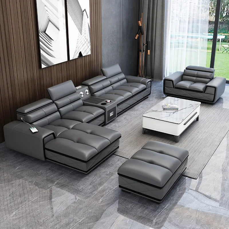 Simple and modern leather sofa combination large apartment living room L-shaped corner function headrest few fully