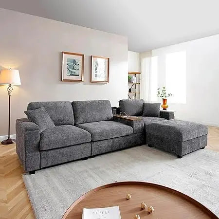 120.3" Modern L-Shaped Sectional Sofa with 360°Swivel Drop-Down Table, Storage Armrest, USB Ports & Movable Storage Ottoman – Pl