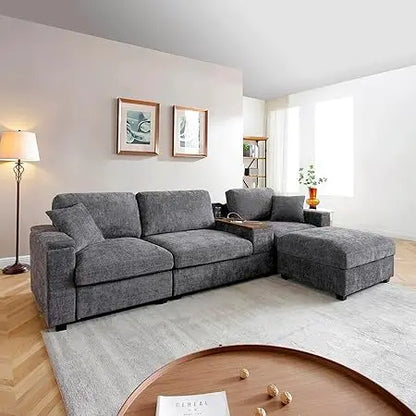 120.3" Modern L-Shaped Sectional Sofa with 360°Swivel Drop-Down Table, Storage Armrest, USB Ports & Movable Storage Ottoman – Pl