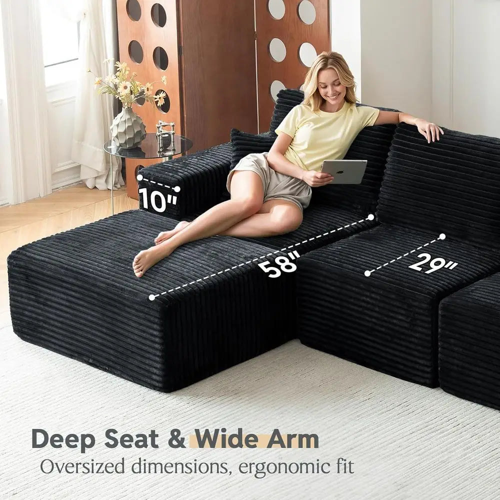 Modern Minimalist Sectional Sofa: L-Shape Cloud Couch with Deep Seats Right Chaise - Black