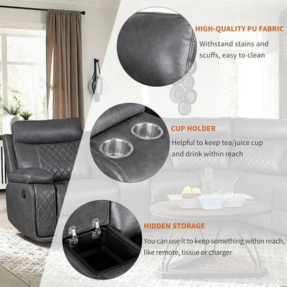 Manual Reclining L-Shaped Leather Sectional Sofa with Storage and Cup Holders for Home Theater Living Room