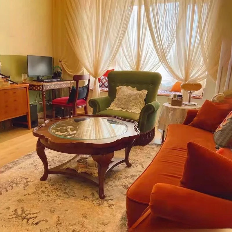 American single and double three people, small apartment retro, pull button tassel, living room high back fabric sofa