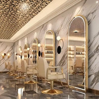 Luxury Gold Frame Barber Station LED Big Best Selling Table Cabinet Salon Mirror with Chair