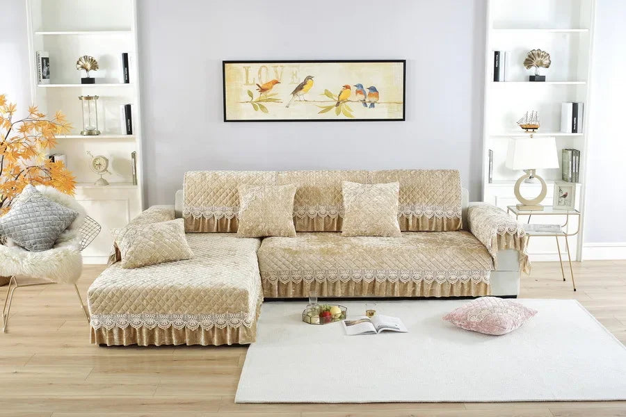 Embroidery Lace Sofa Cushion Gold Velvet Hemline Sofa Cover Autumn Winter European Couch Cover Solid Color Checkered Sofa Mat