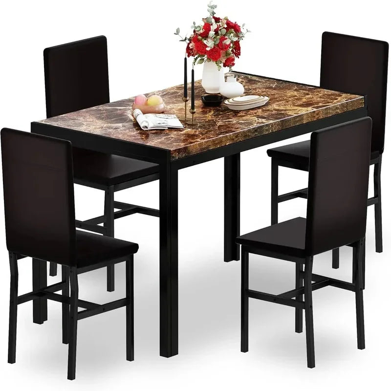 Modern Dining Table Set for 4, Space-Saving Kitchen Table with 4 PU Leather Chairs
