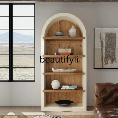 Retro solid wood simple bookcase American country white arched bookshelf display study floor locker
