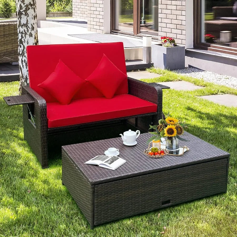 Tangkula Patio Rattan Daybed for Outdoor Relaxation with Multipurpose Ottoman and Retractable Side Tray 4Level Adjustable Backr