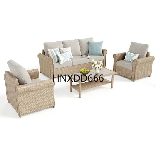 4-Piece Outdoor Patio Furniture Set, Wicker Rattan Conversation Set with 3-Seat Sofa, 2 Chairs, and Coffee Table