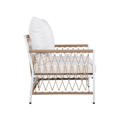[Set of 2] Bohemian Outdoor Lounge Chair with Handwoven Rope & Powder-Coated Steel Frame, Waterproof Cushions